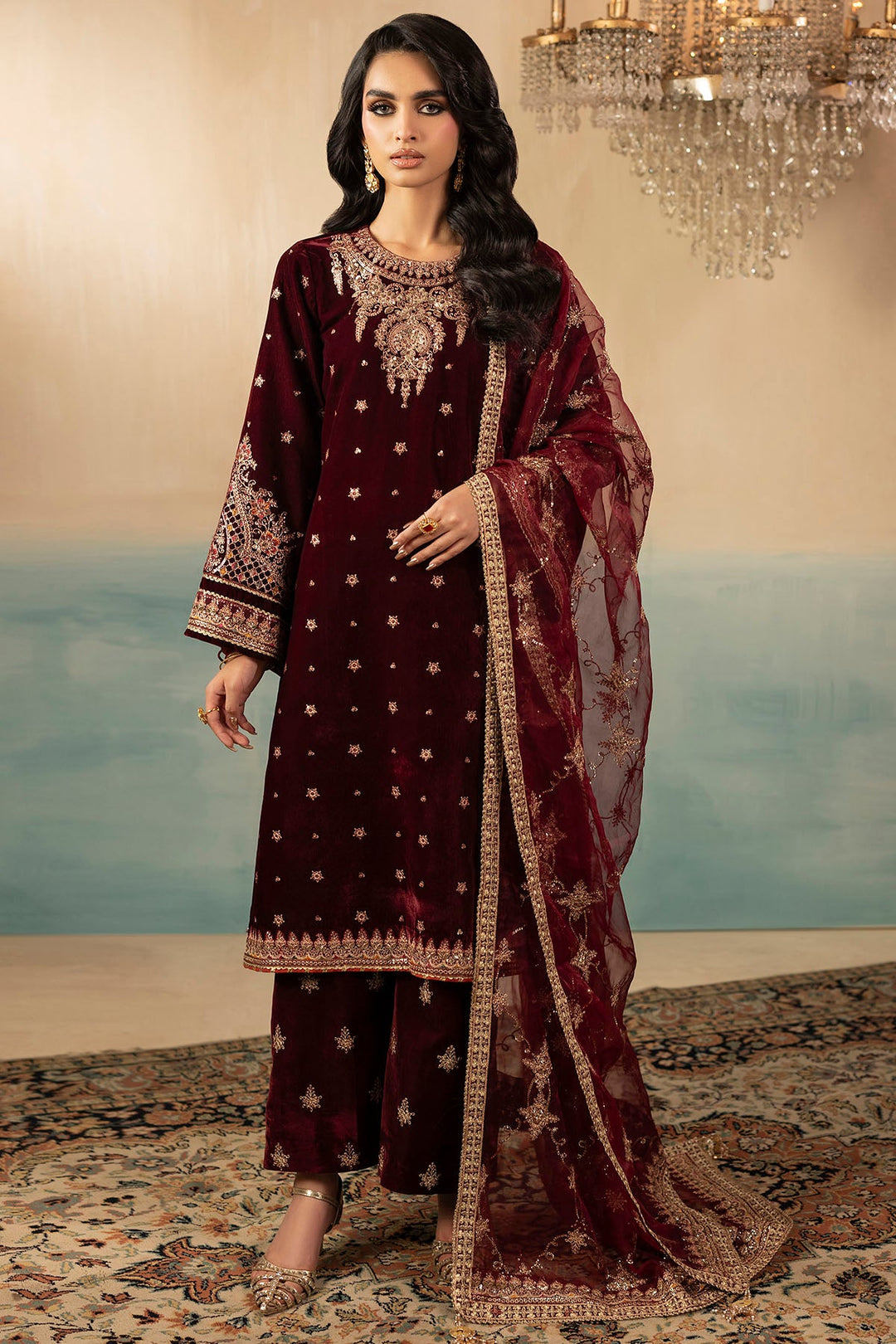 Embroidered Velvet Pakistani Party Outfit with Dupatta