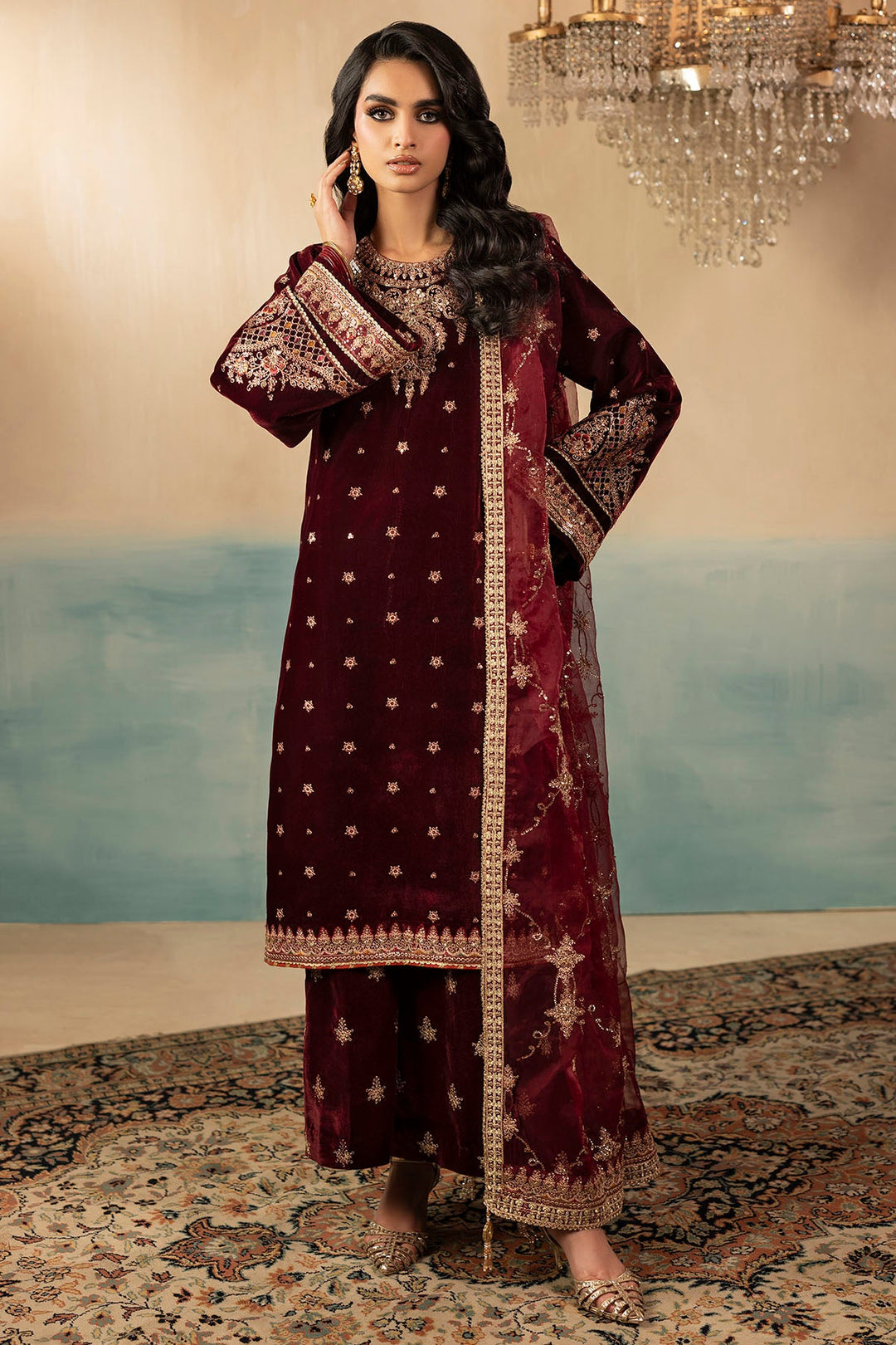 Embroidered Velvet Pakistani Party Outfit with Dupatta