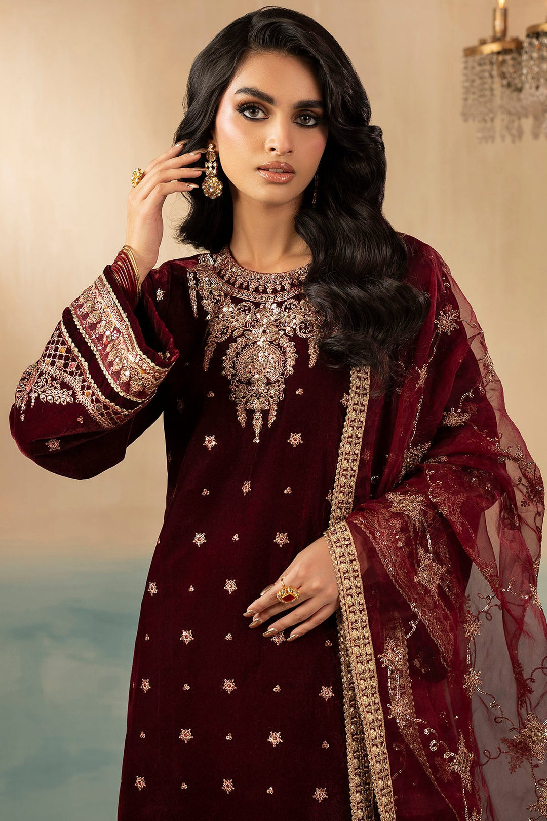 Embroidered Velvet Pakistani Party Outfit with Dupatta