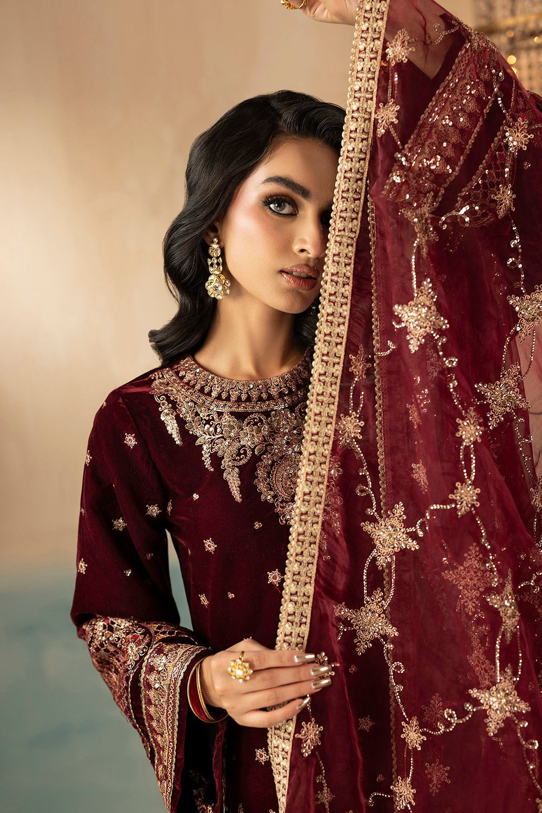 Embroidered Velvet Pakistani Party Outfit with Dupatta