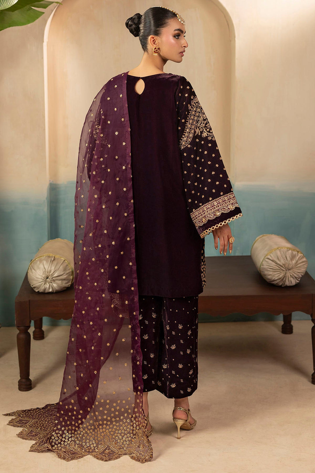 Elegant Coral Embroidered Velvet Pakistani Party Dress