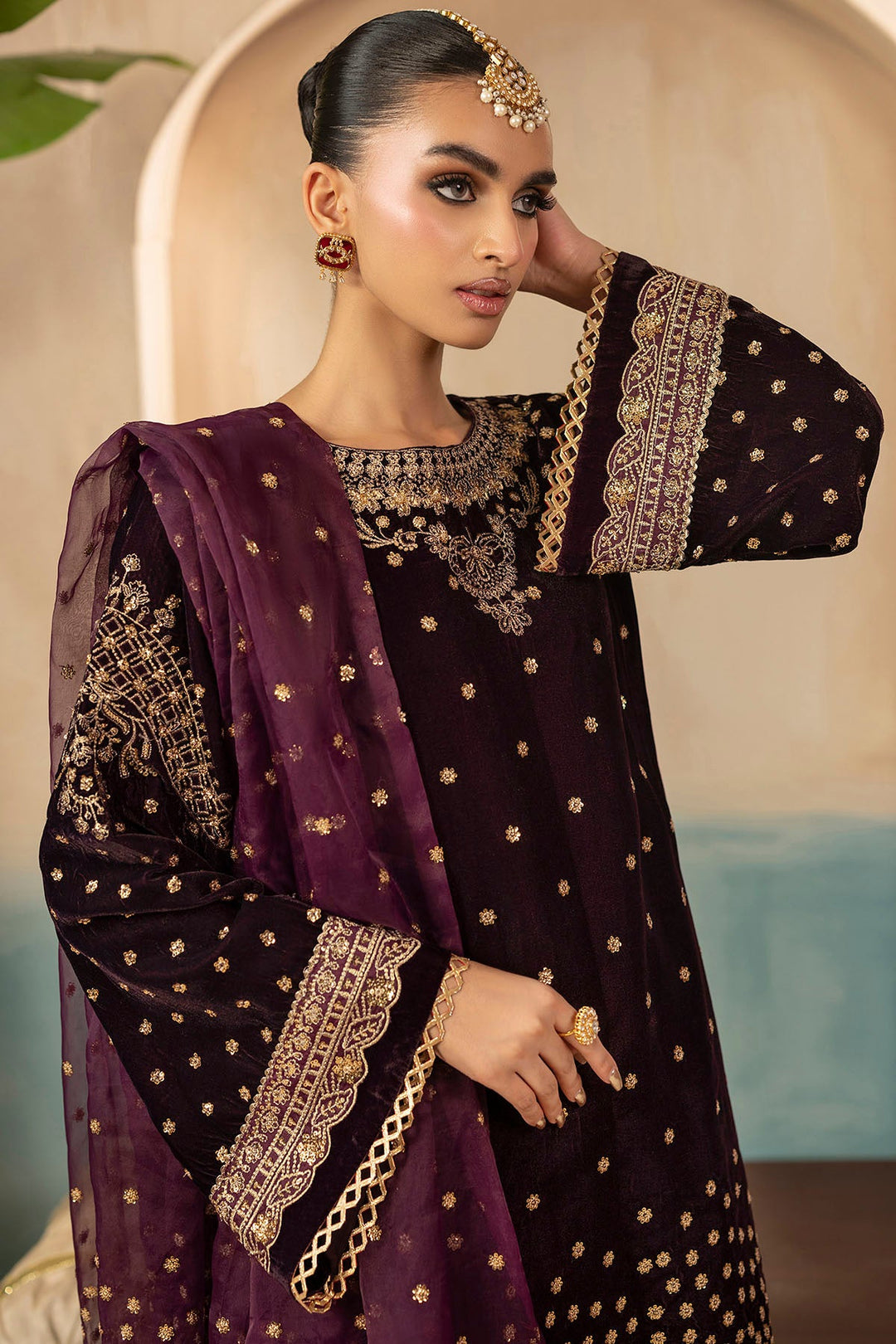 Elegant Coral Embroidered Velvet Pakistani Party Dress