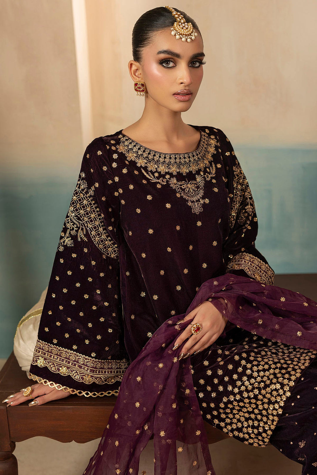 Elegant Coral Embroidered Velvet Pakistani Party Dress