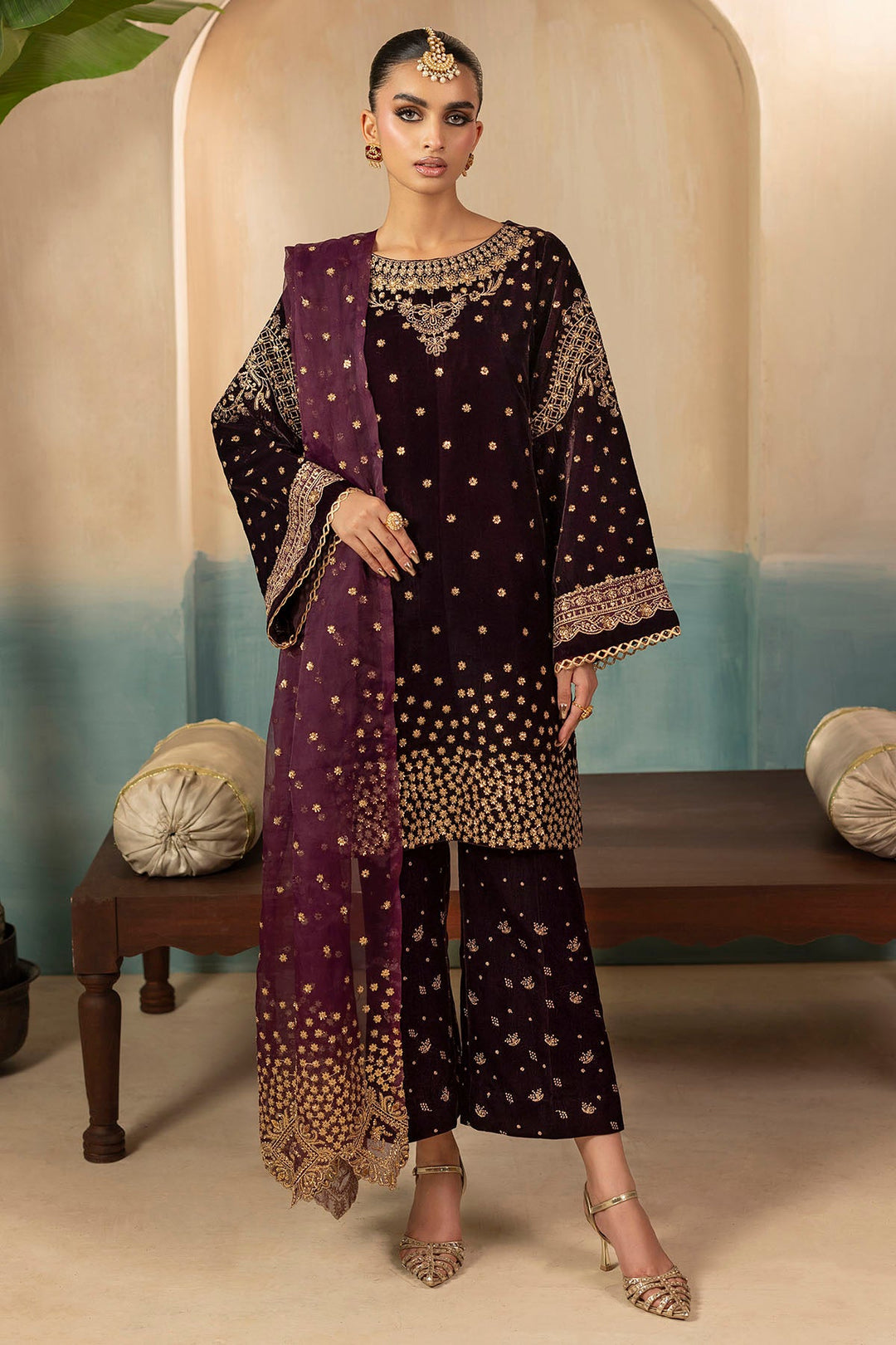 Elegant Coral Embroidered Velvet Pakistani Party Dress