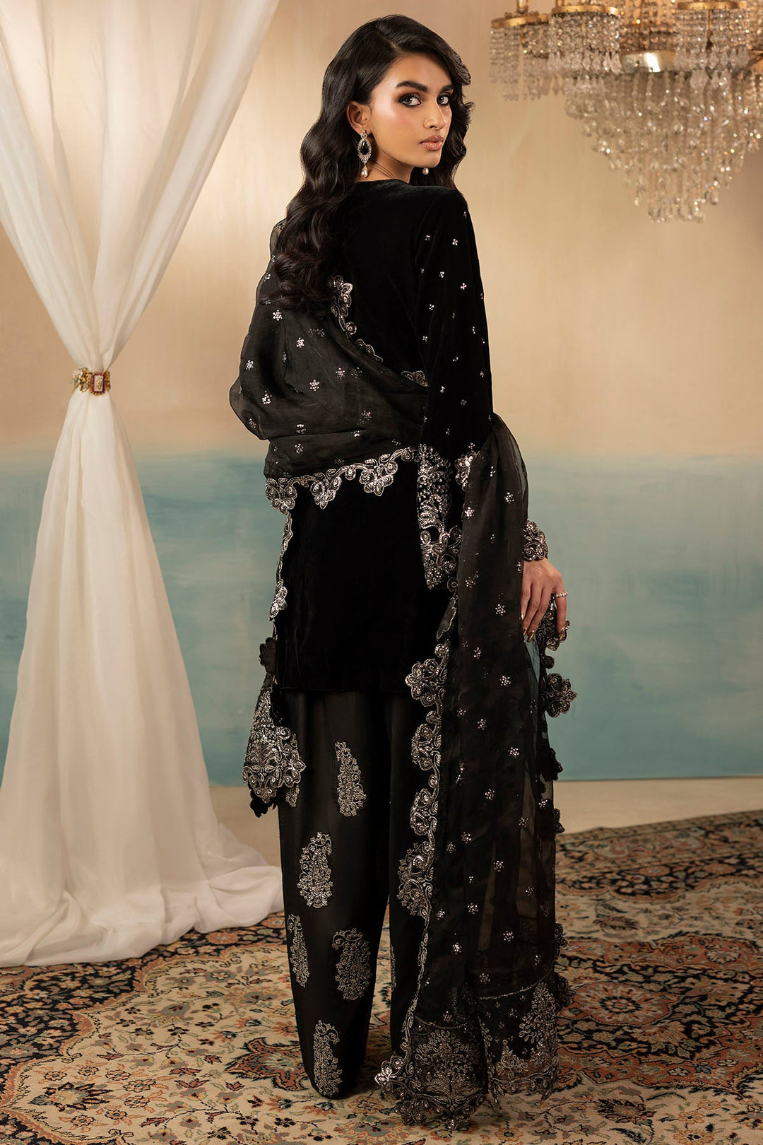 Elegant Pakistani Party Dress in Embroidered Velvet