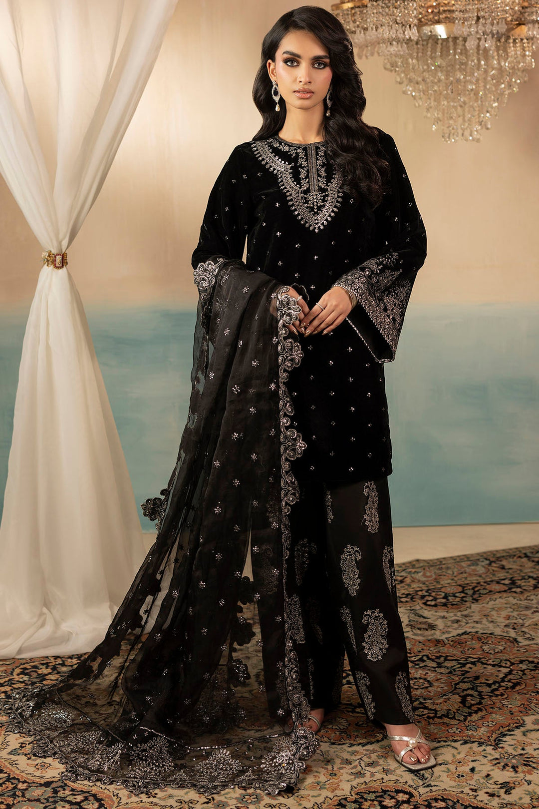 Elegant Pakistani Party Dress in Embroidered Velvet
