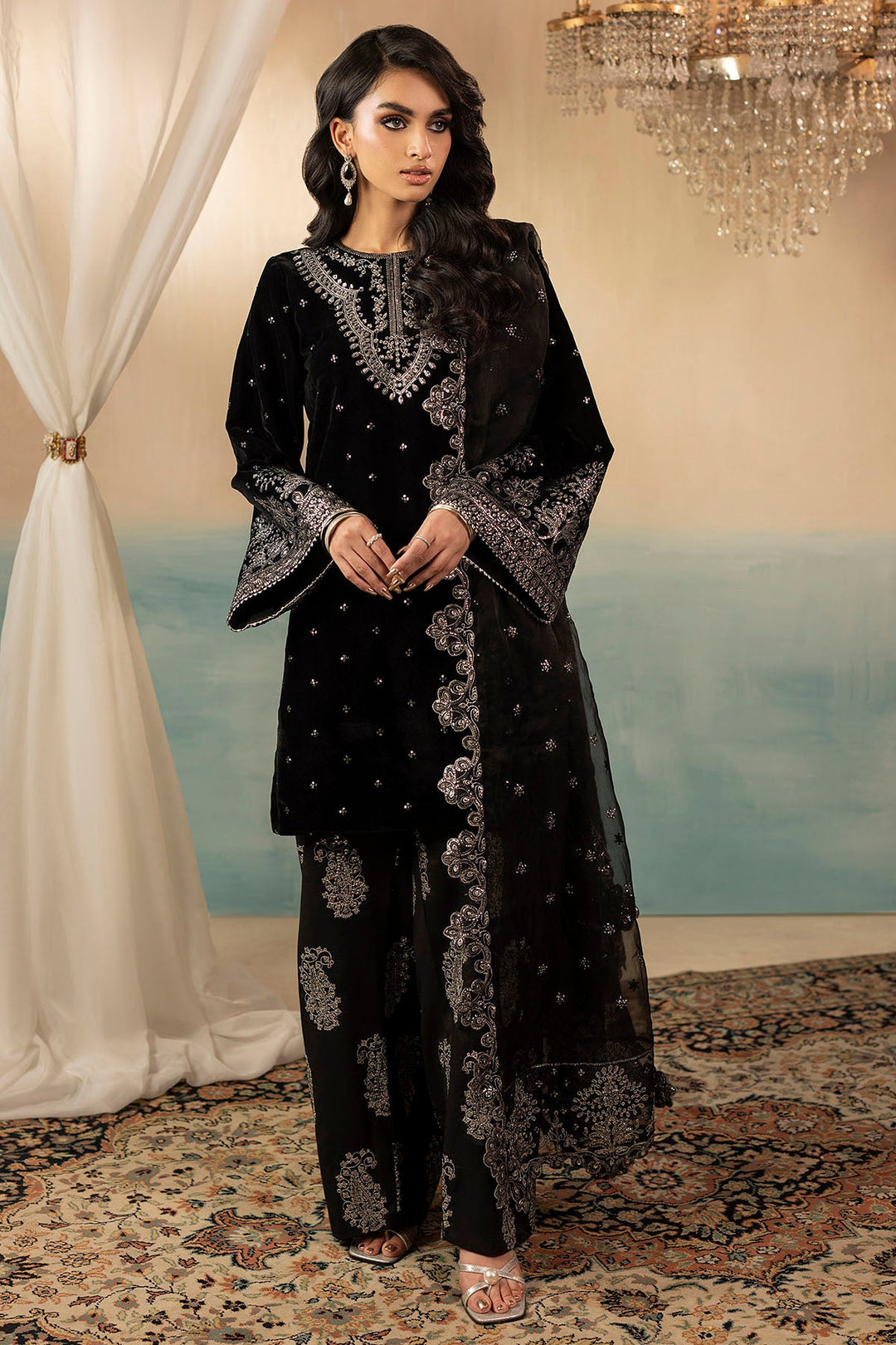 Elegant Pakistani Party Dress in Embroidered Velvet
