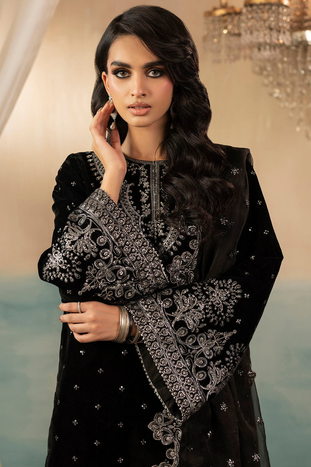 Elegant Pakistani Party Dress in Embroidered Velvet