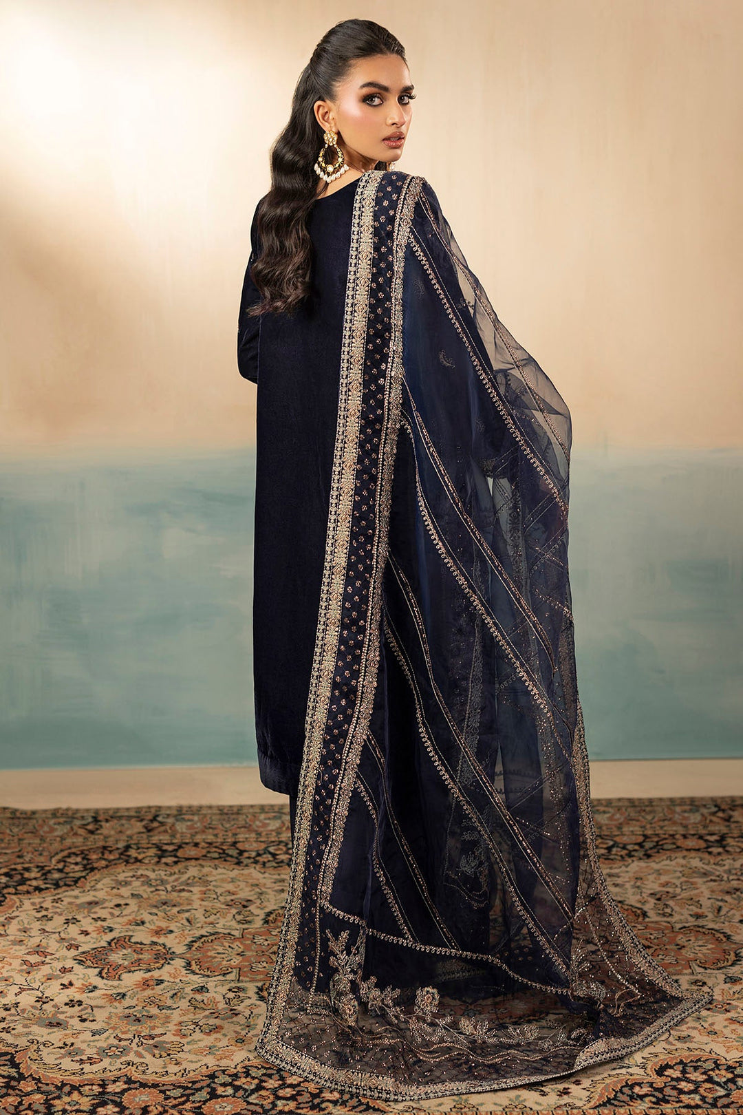 Embroidered Velvet Pakistani Party Dress with Organza Dupatta