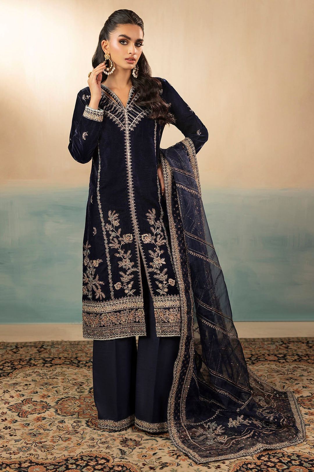 Embroidered Velvet Pakistani Party Dress with Organza Dupatta