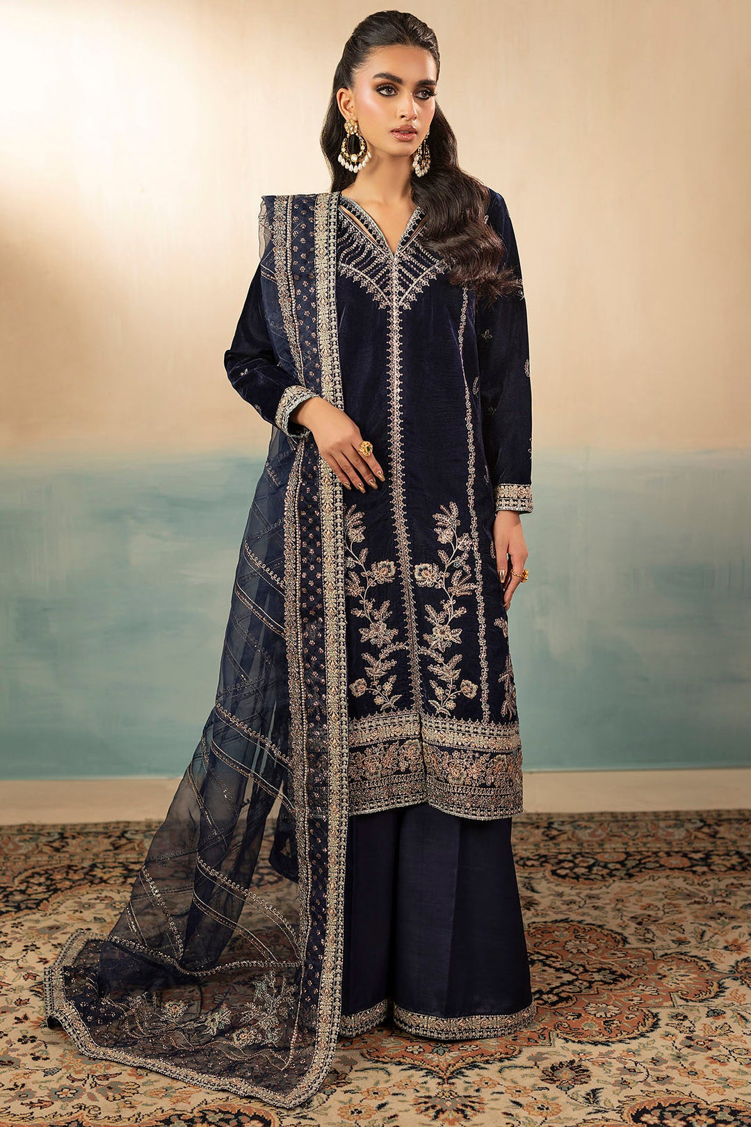 Embroidered Velvet Pakistani Party Dress with Organza Dupatta