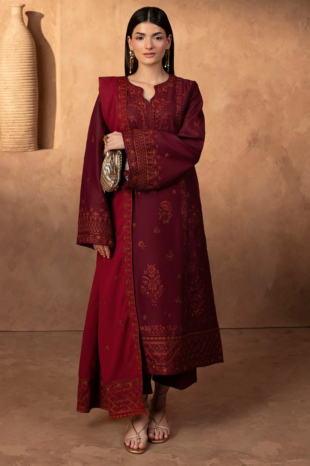 Embroidered Khaddar Pakistani Party Dress with Shawl