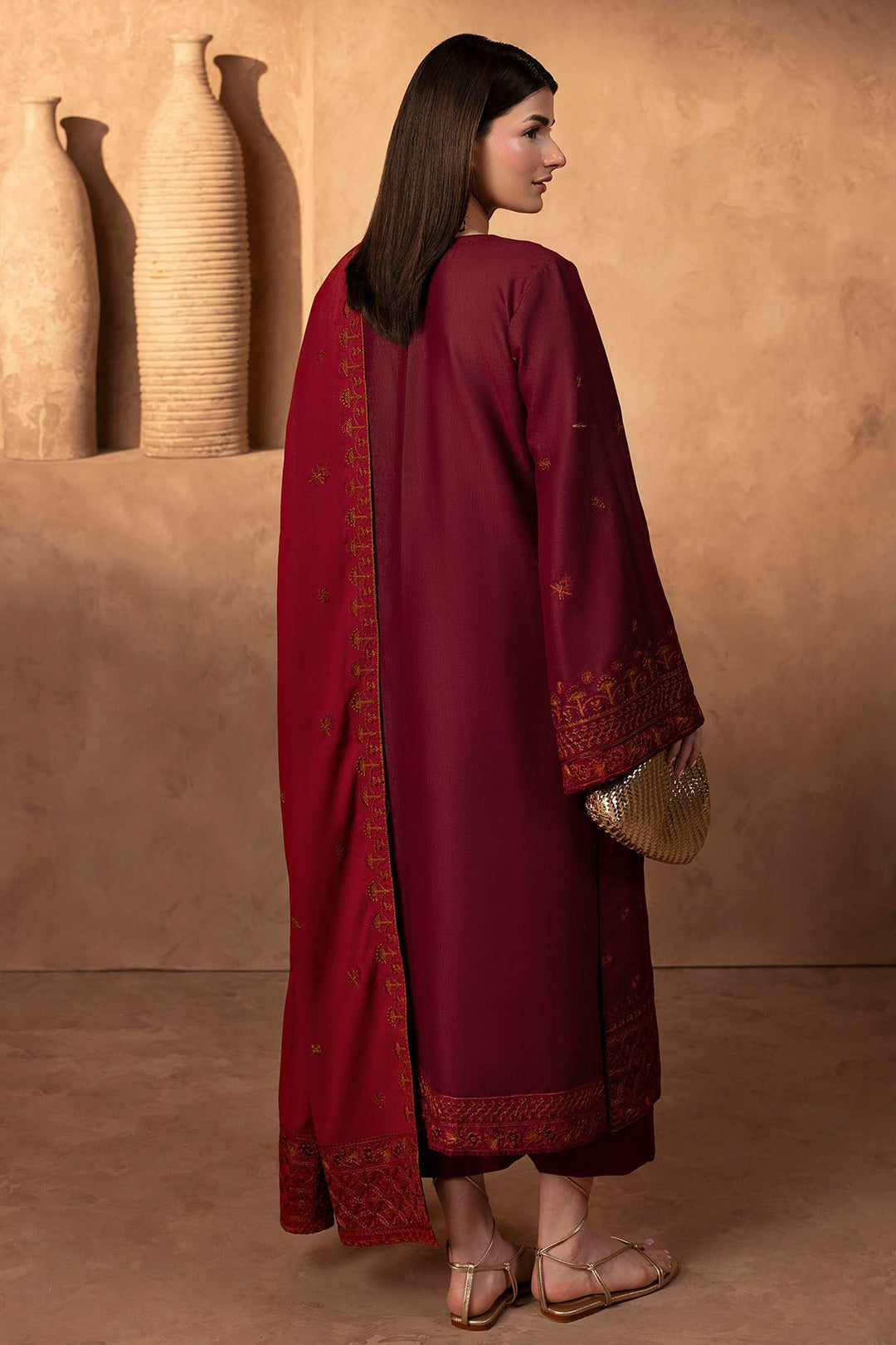 Embroidered Khaddar Pakistani Party Dress with Shawl