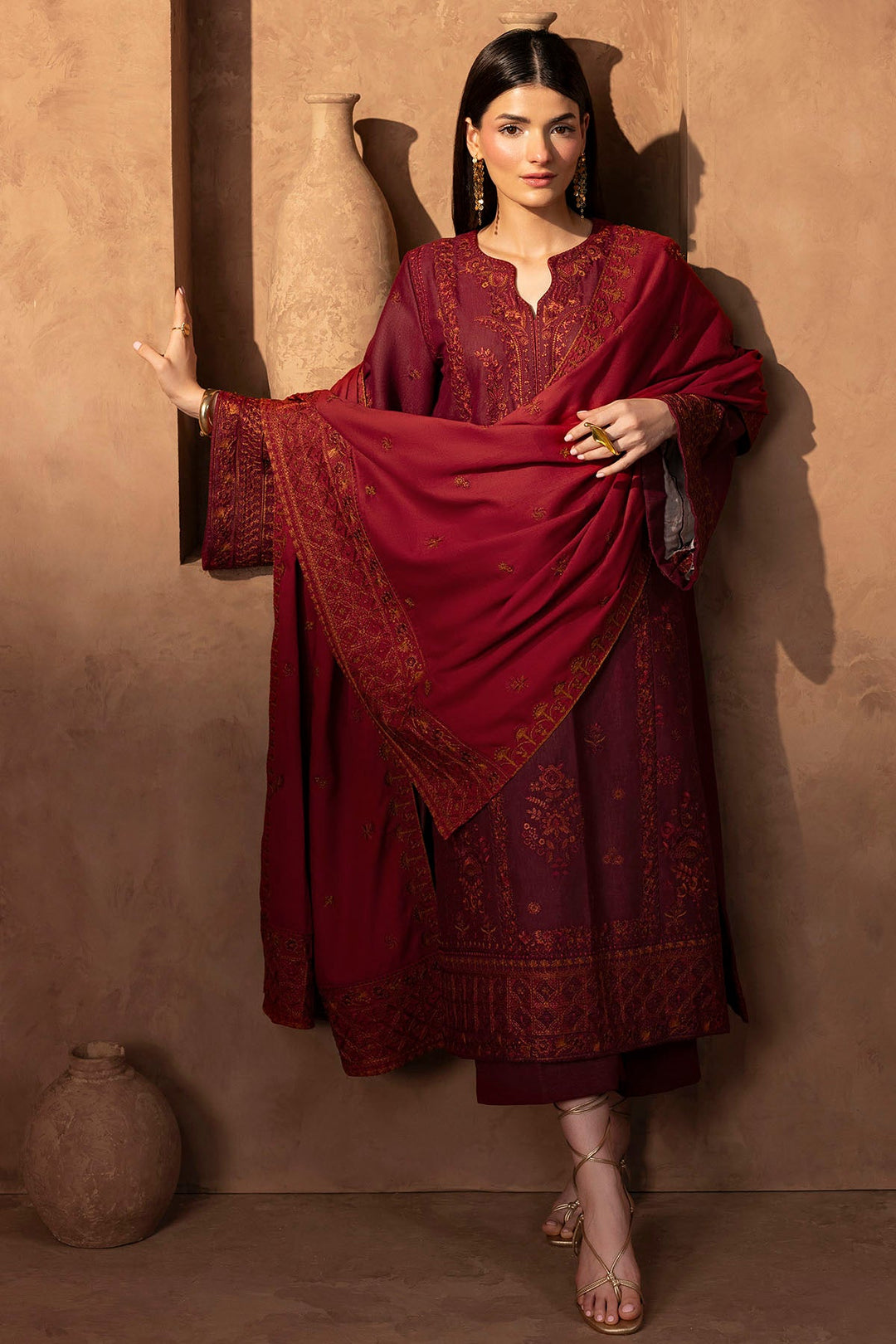 Embroidered Khaddar Pakistani Party Dress with Shawl