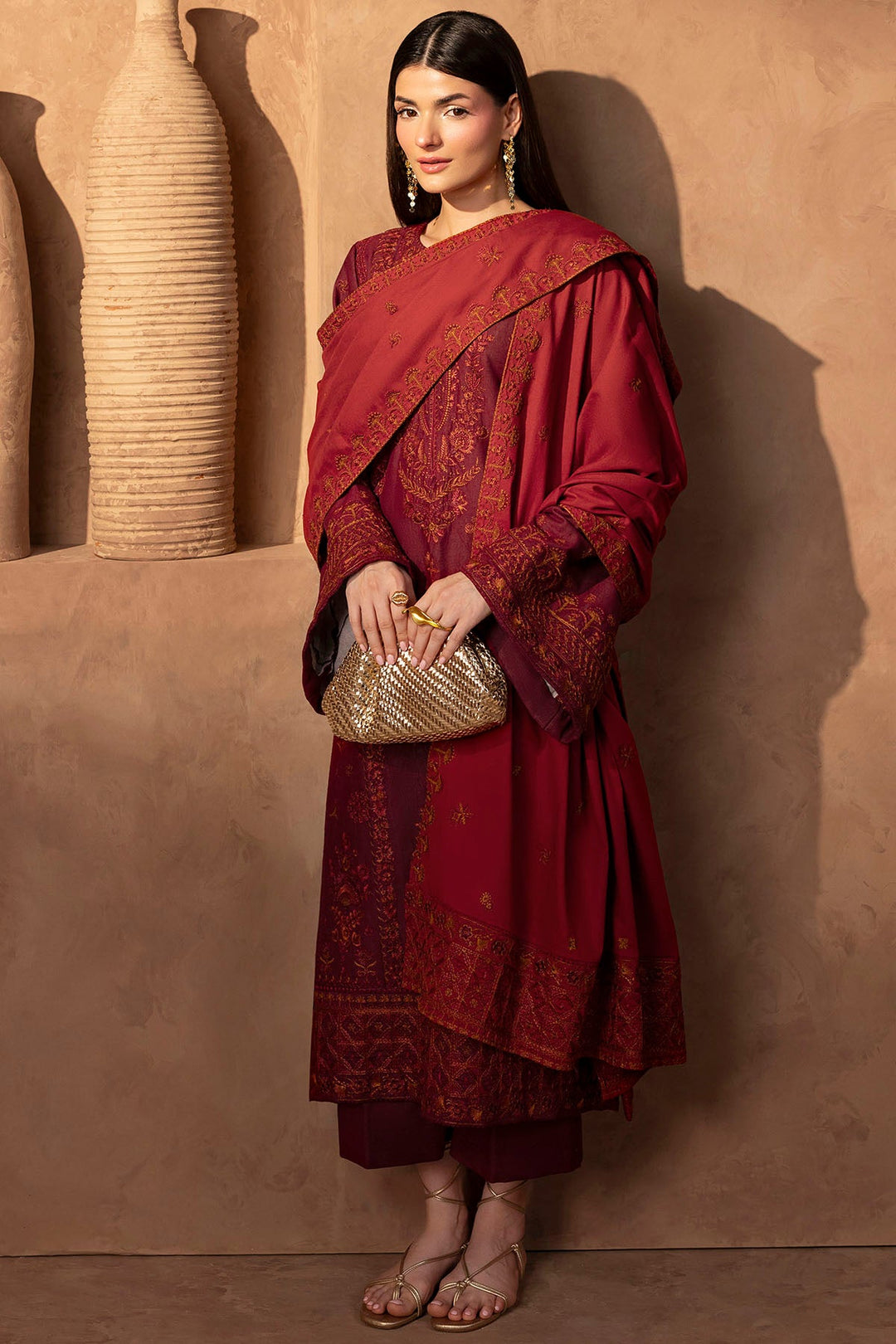 Embroidered Khaddar Pakistani Party Dress with Shawl