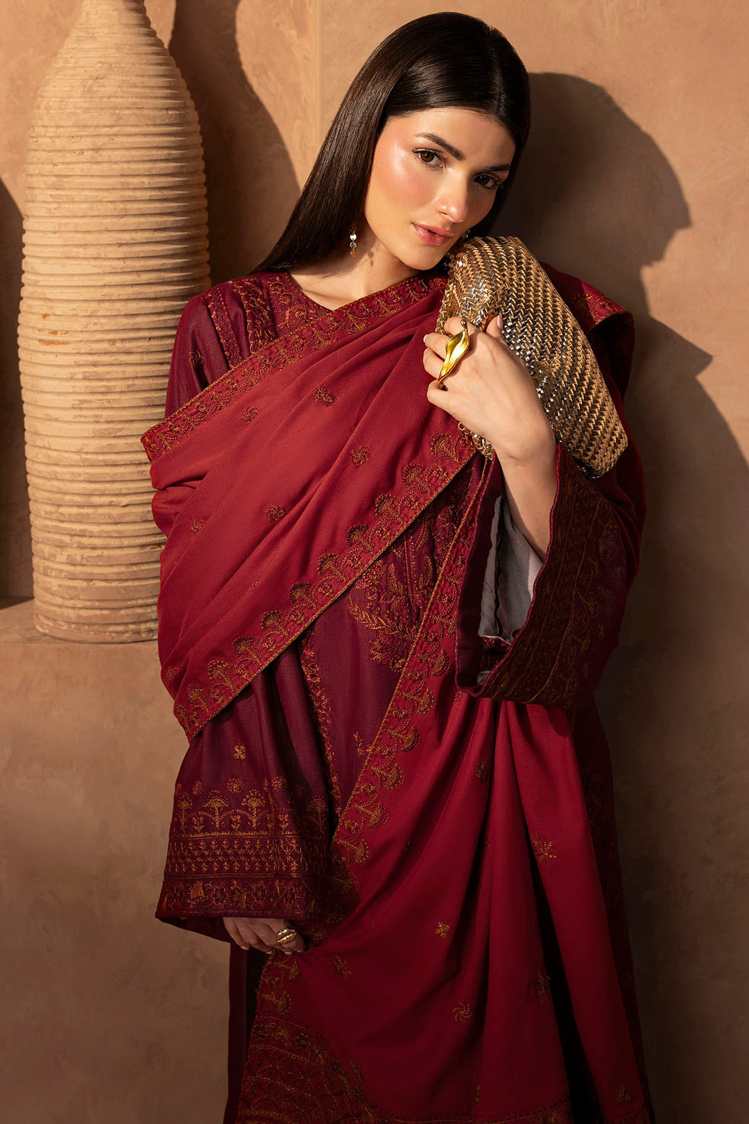 Embroidered Khaddar Pakistani Party Dress with Shawl