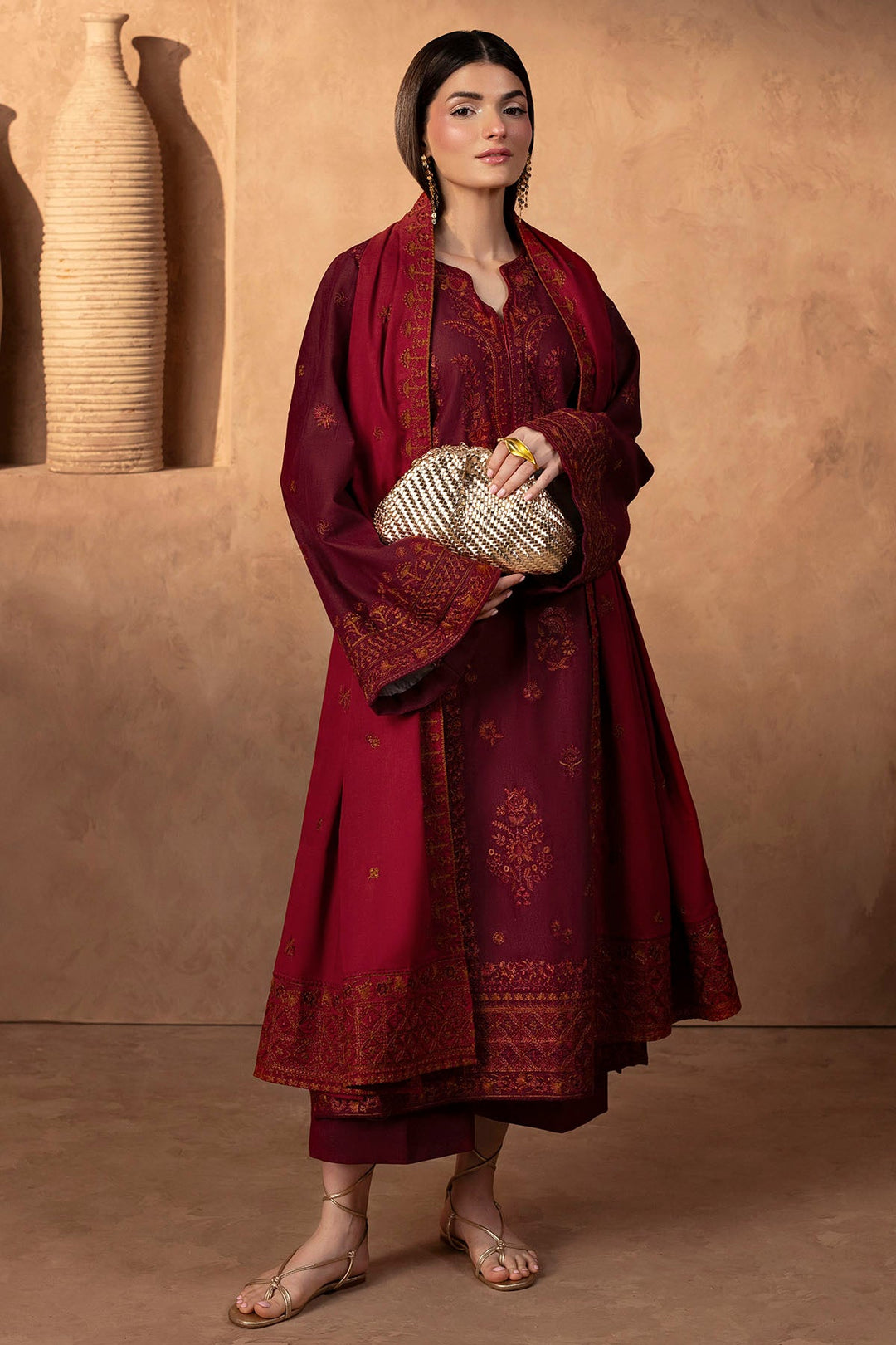 Embroidered Khaddar Pakistani Party Dress with Shawl