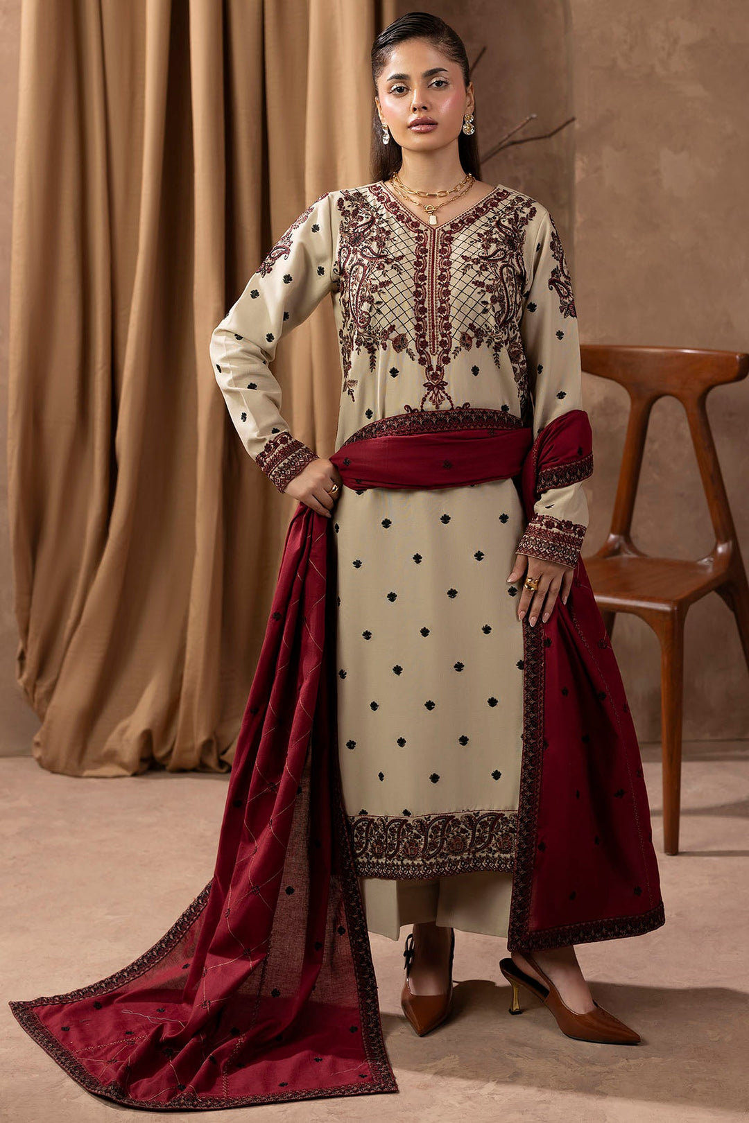 Embroidered Khaddar Pakistani Party Dress for Elegant Styling
