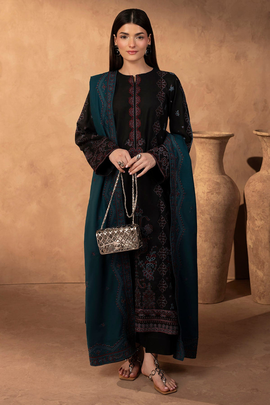 Elegant Schiffli Embroidered Pakistani Party Dress in Khaddar