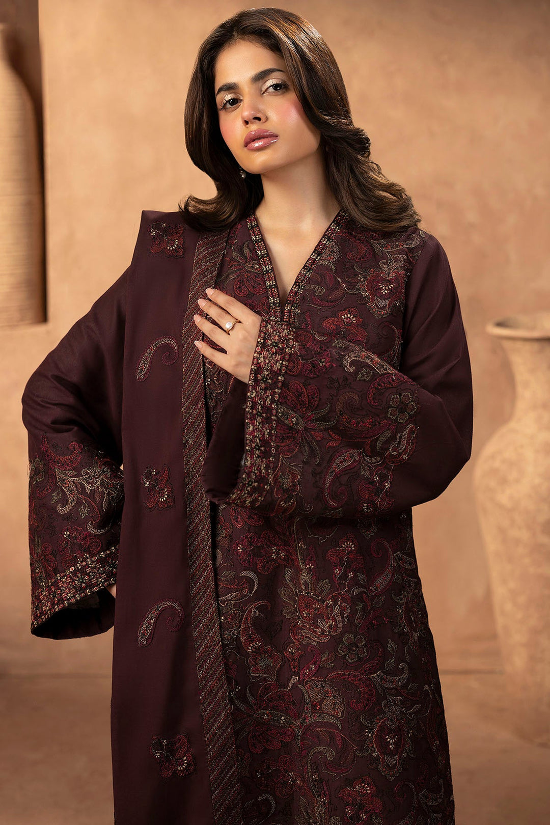 Elegant Pakistani Party Dress in Embroidered Khaddar