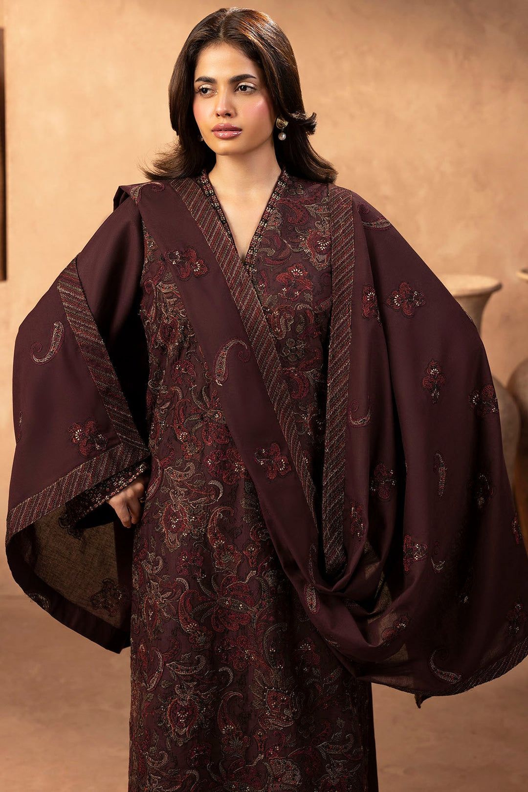 Elegant Pakistani Party Dress in Embroidered Khaddar
