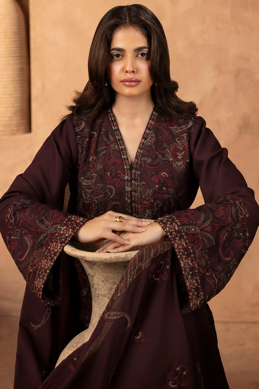 Elegant Pakistani Party Dress in Embroidered Khaddar