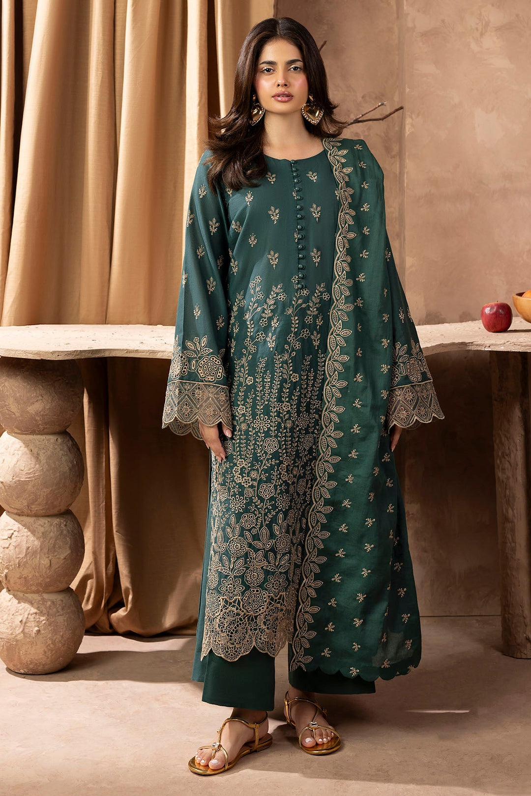 Embroidered Khaddar Pakistani Party Outfit with Shawl and Trouser
