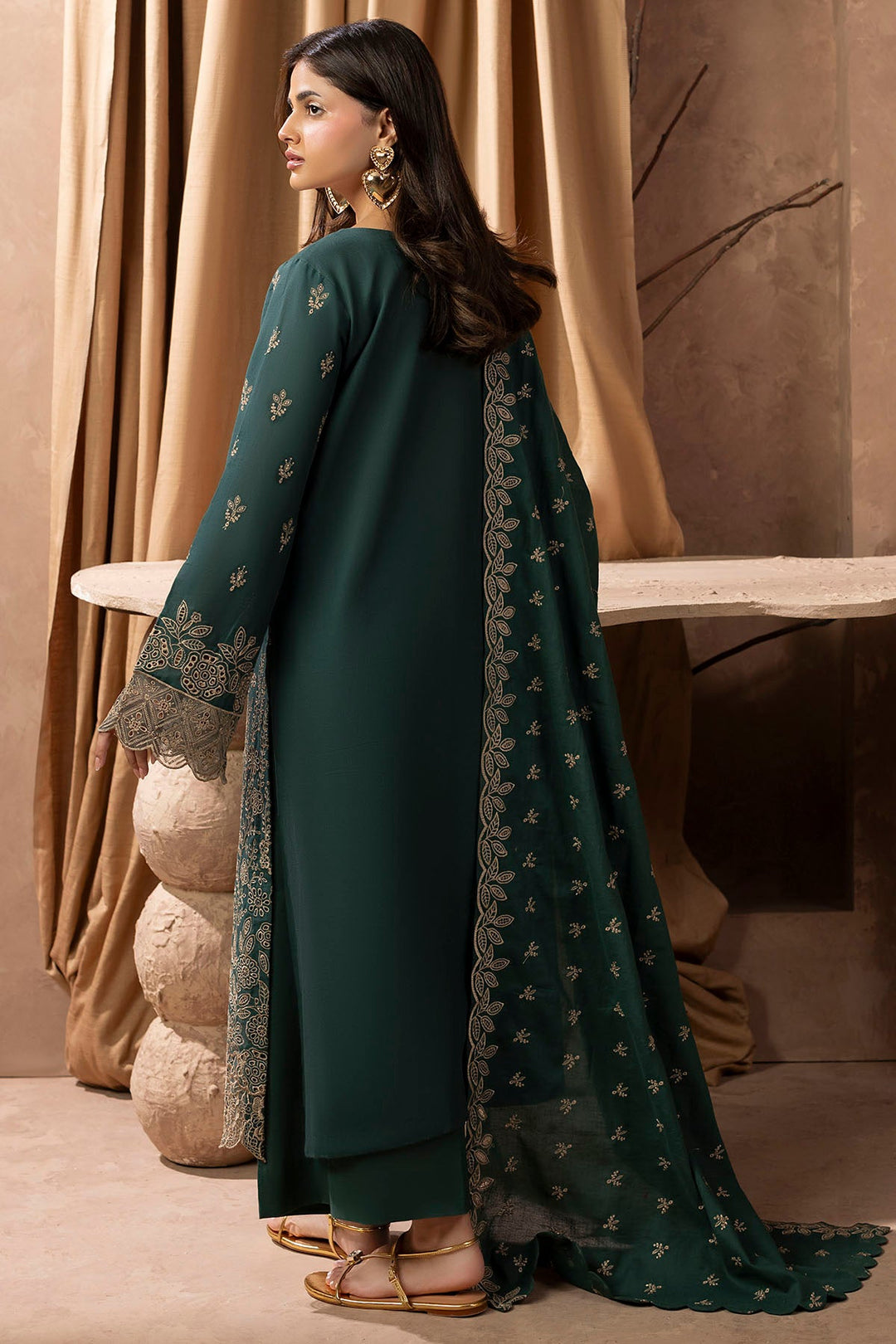 Embroidered Khaddar Pakistani Party Outfit with Shawl and Trouser