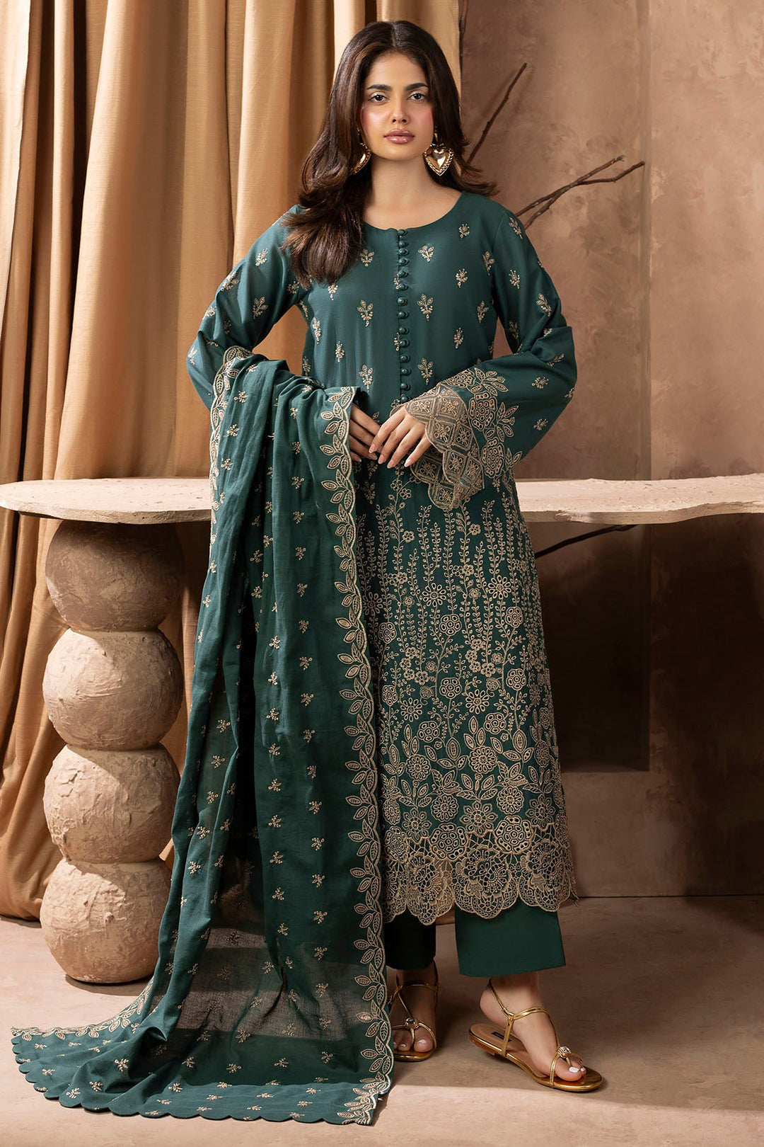 Embroidered Khaddar Pakistani Party Outfit with Shawl and Trouser