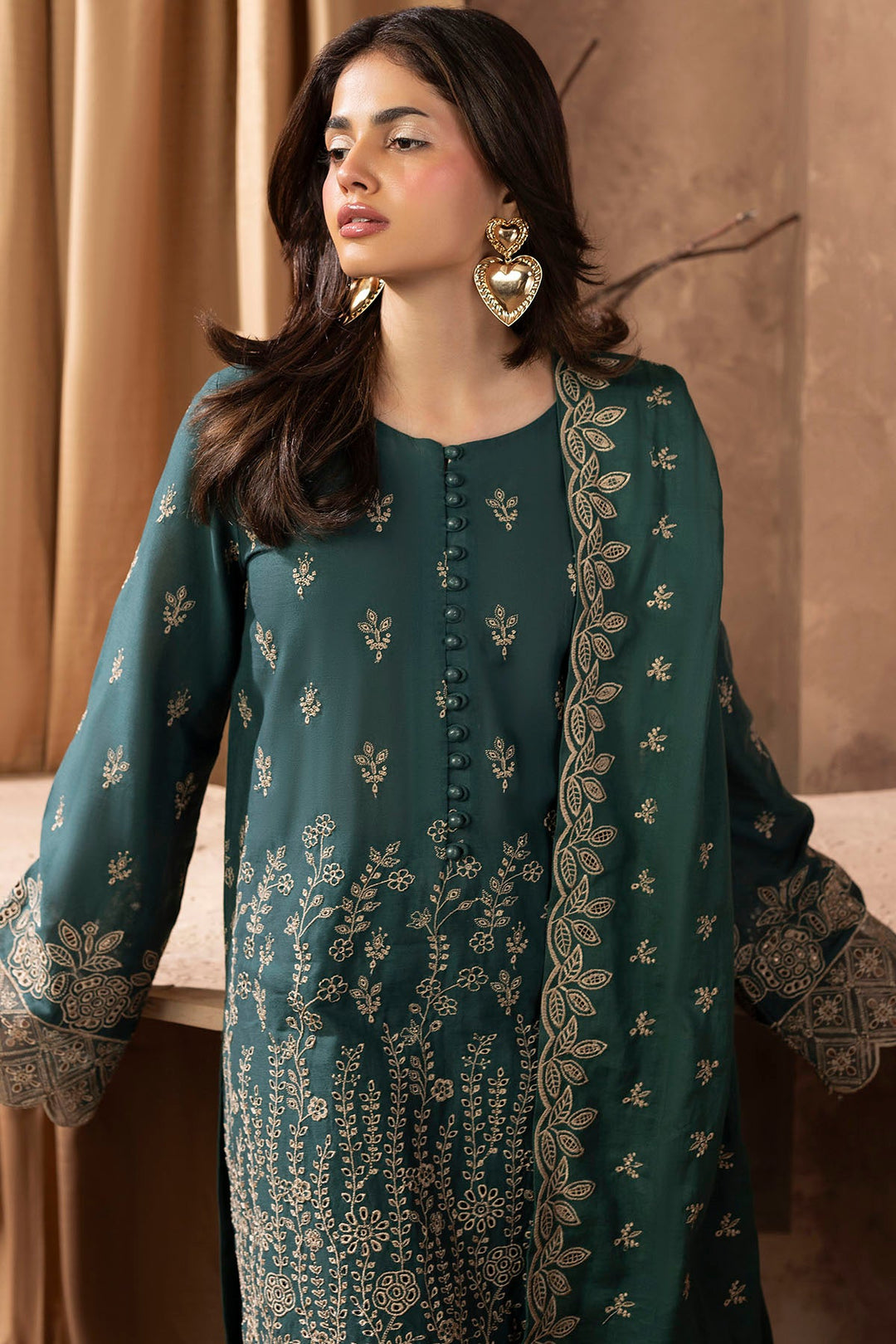 Embroidered Khaddar Pakistani Party Outfit with Shawl and Trouser