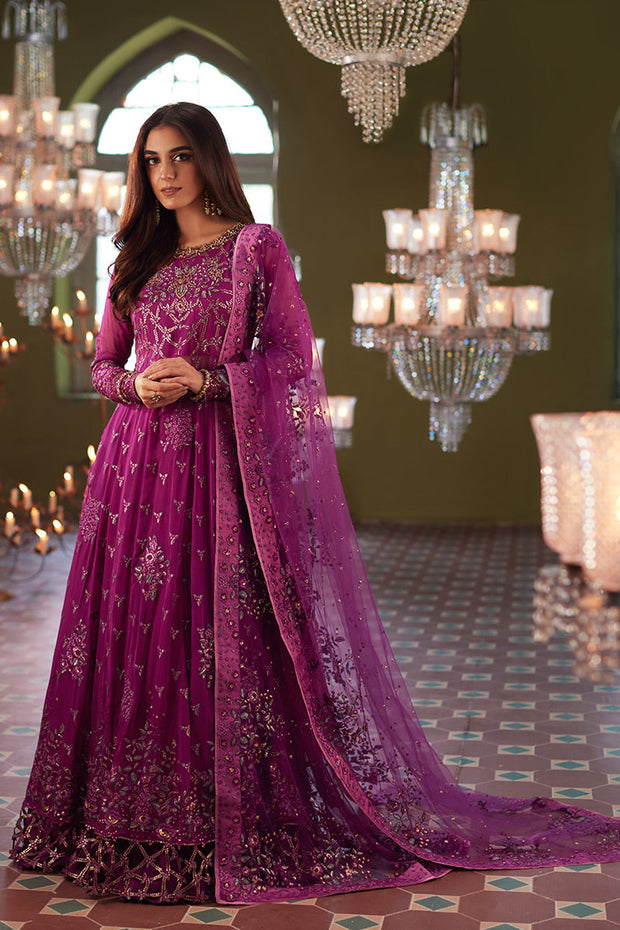 Magenta Embroidered Pakistani Wedding Dress in Long Frock Style