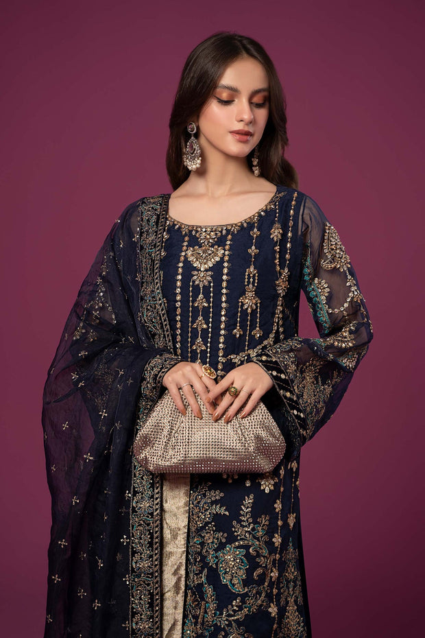 Maria B Embroidered Pakistani Salwar Kameez Organza Party Wear in Navy Blue Shade