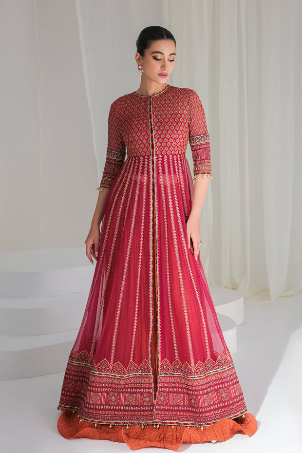 Maroon Colored Golden Heavily Embroidered Pishwas Style Party Dress