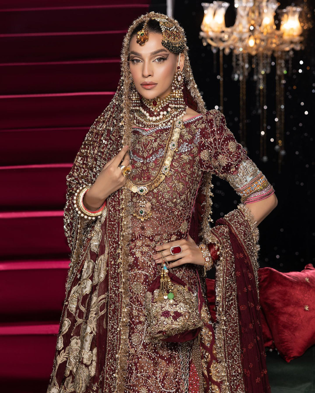 Maroon Long Kameez Lehenga Pakistani Bridal Dress 2023