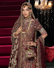 Maroon Long Kameez Lehenga Pakistani Bridal Dress 2023