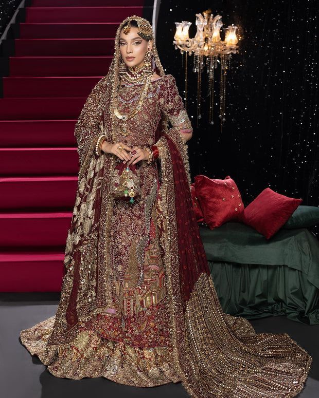 Maroon Long Kameez Lehenga Pakistani Bridal Dresses