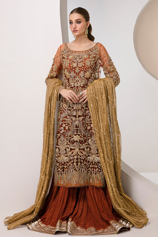 Maroon Long Kameez Pakistani Wedding Dress in Crushed Sharara Style