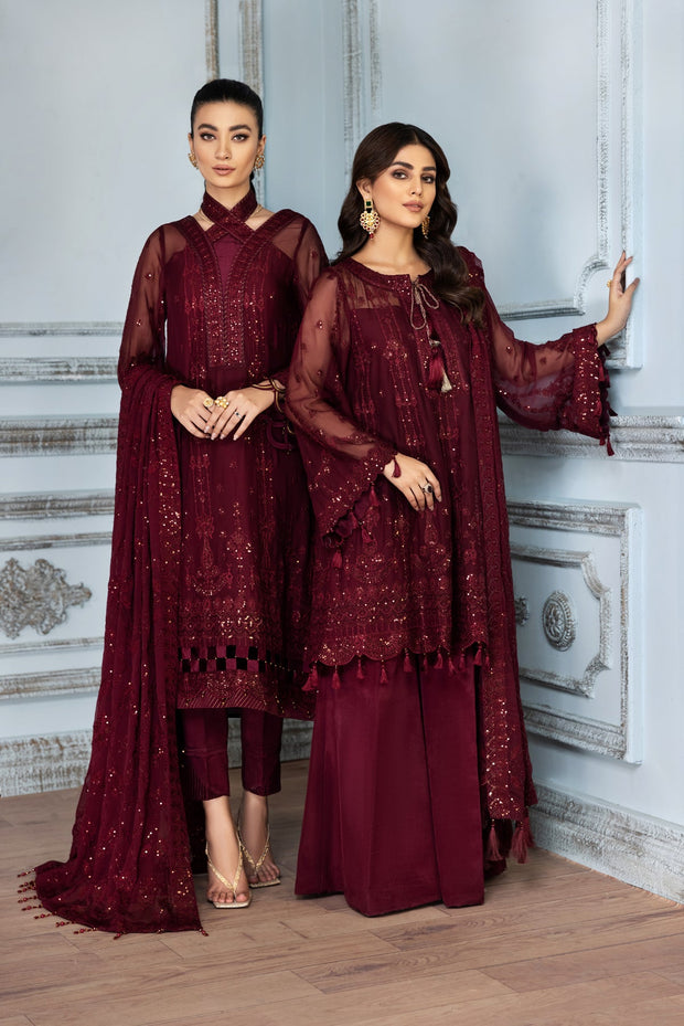 Maroon Net Heavily Embroidered Pakistani Gown Style Party Dress XLARGE