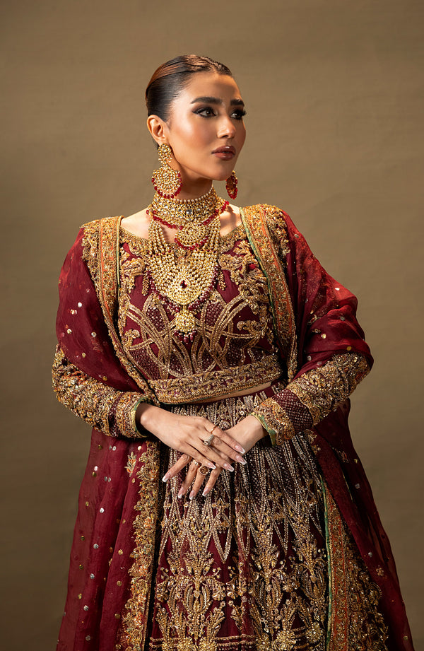 Maroon Pakistani Bridal Dress in Choli Lehenga Style Online
