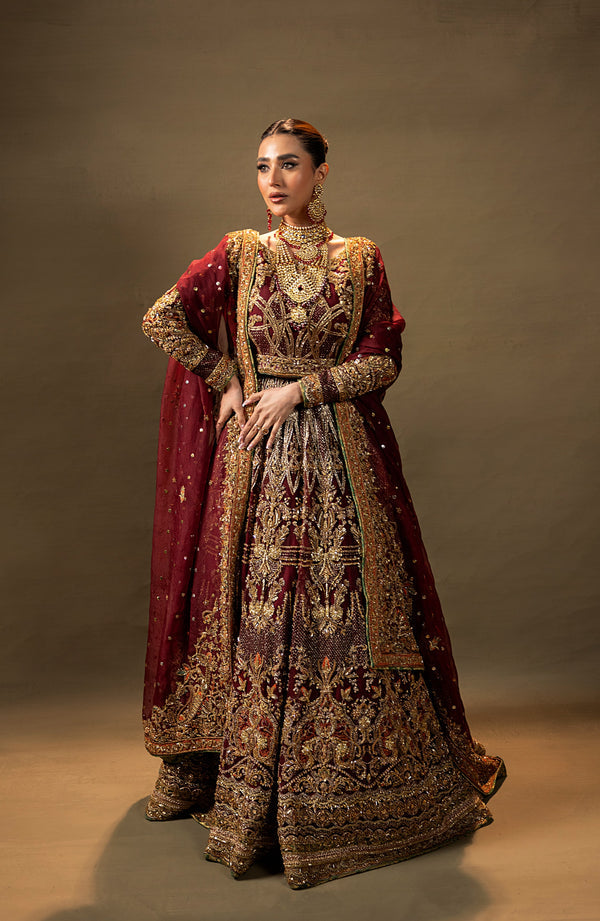 Maroon Pakistani Bridal Dress in Choli Lehenga Style