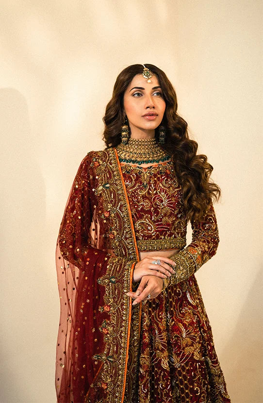 Maroon Pakistani Bridal Dress in Lehenga Choli Dupatta Style