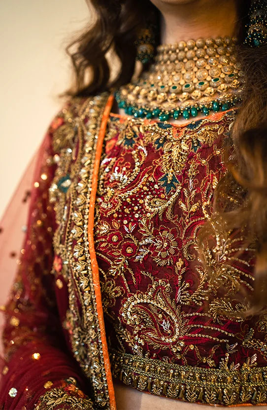 Maroon Pakistani Bridal Dress in Lehenga Choli and Dupatta Style