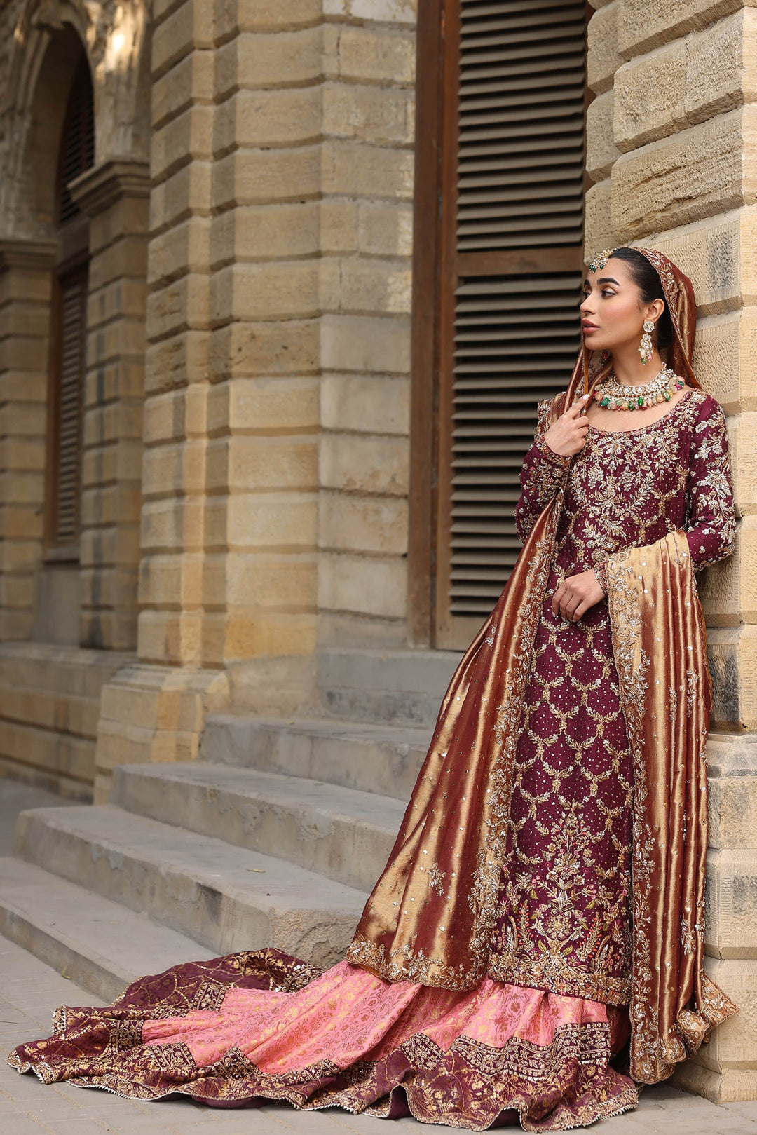 Maroon Red Long Kameez Lehenga Pakistani Bridal Dresses 2023