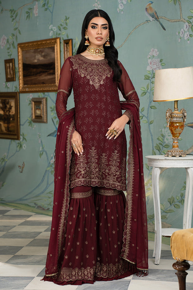 Maroon Shade Embroidered Pakistani Party Wear Sharara Kameez 2024