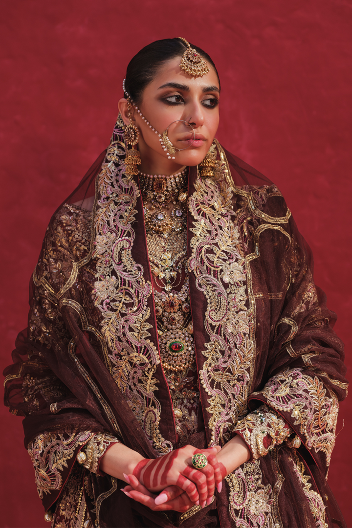 Maroon Zinc Lehenga Frock for Pakistani Bridal Dresses Nameera by Farooq