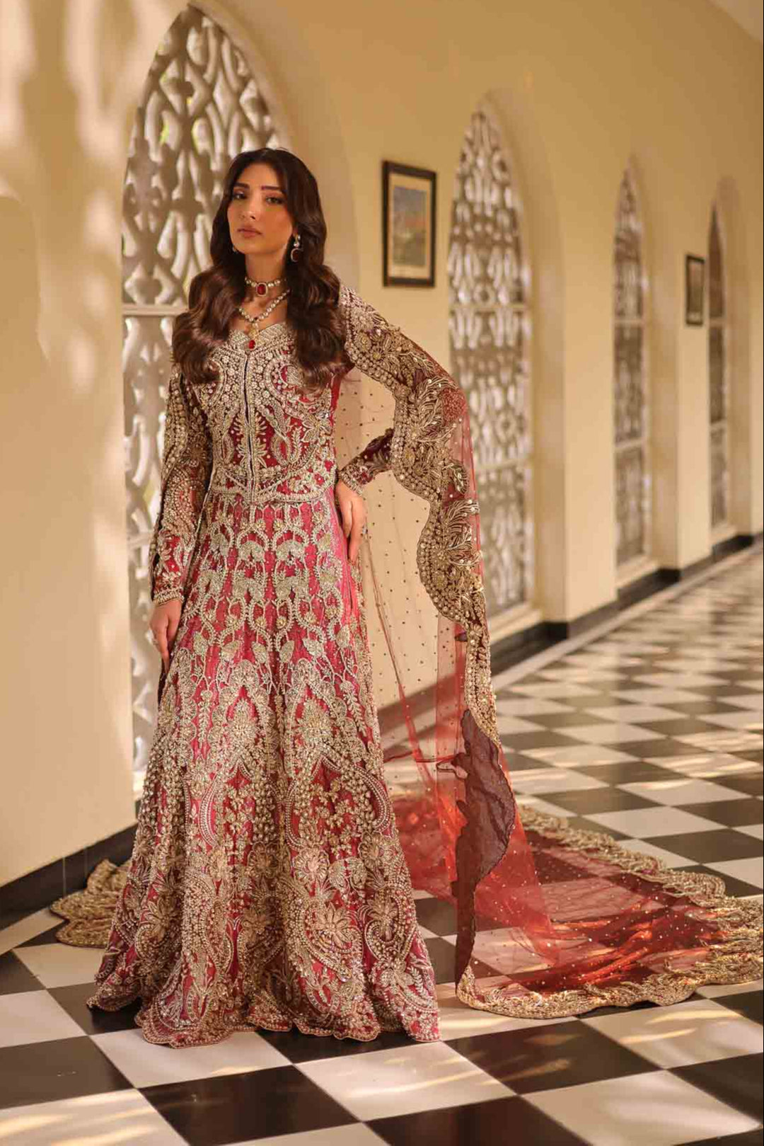 Maroon Pakistani Bridal Choli Dupatta Lehenga Dress