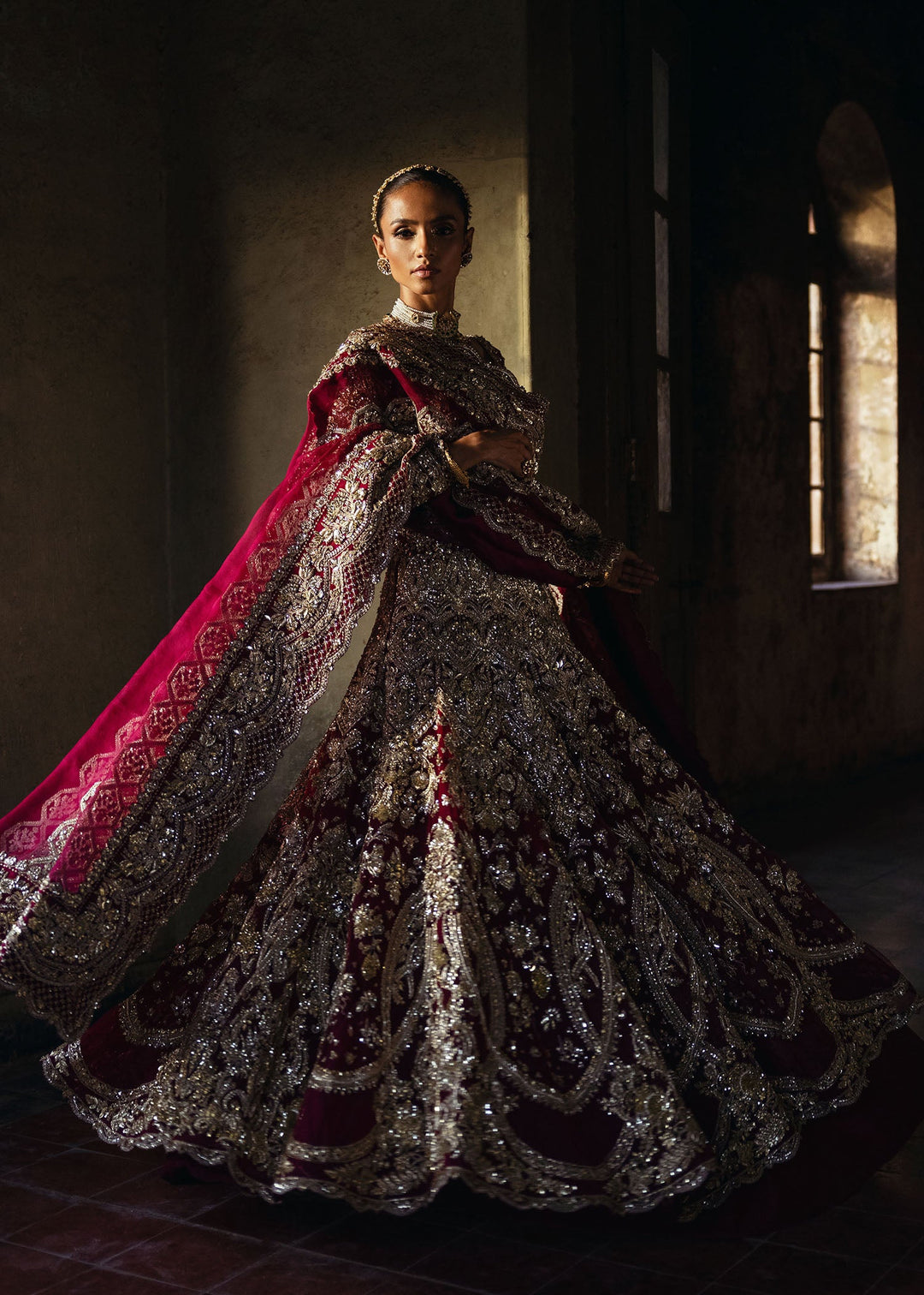Maroon Pakistani Bridal Dress in Gown Lehenga Dupatta Style