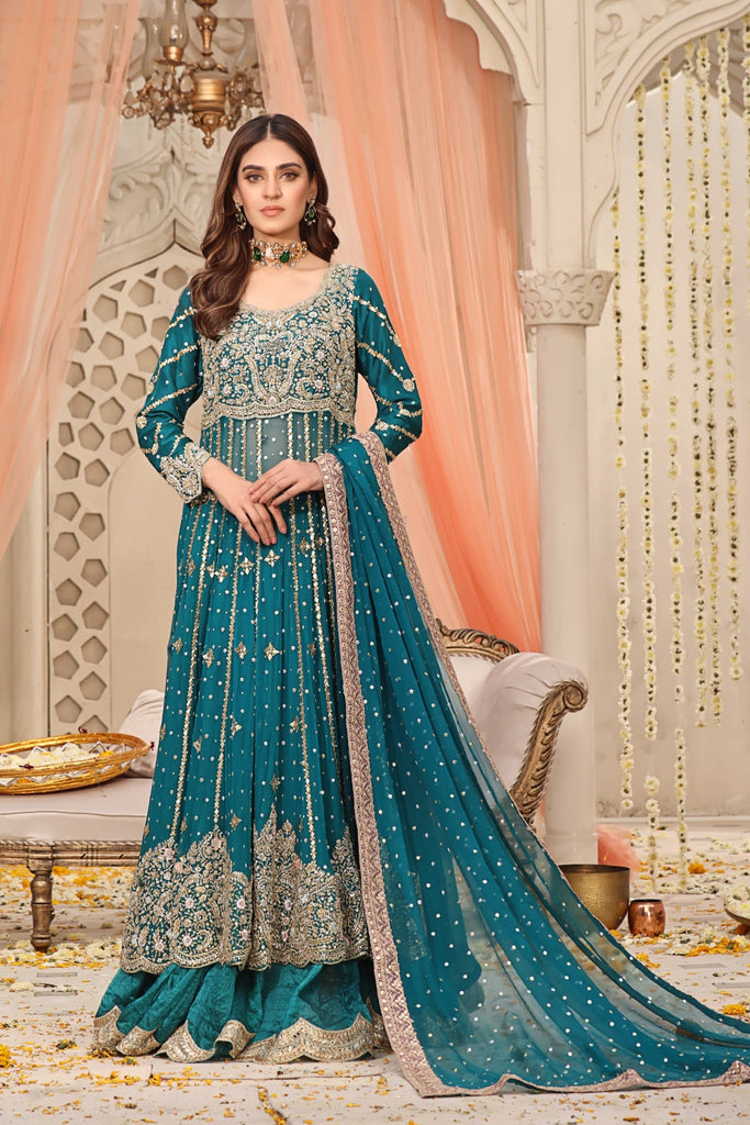 Mehndi Dress in Chiffon Kalidaar and Silk Lehenga Style – Nameera by Farooq