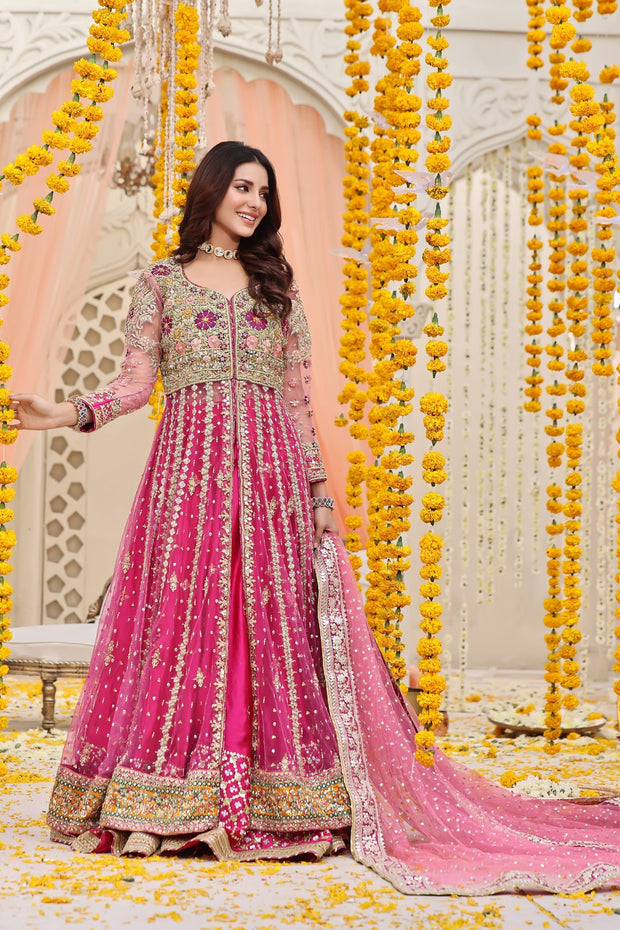 Mehndi Dress in Open Pishwas Frock and Lehenga Style