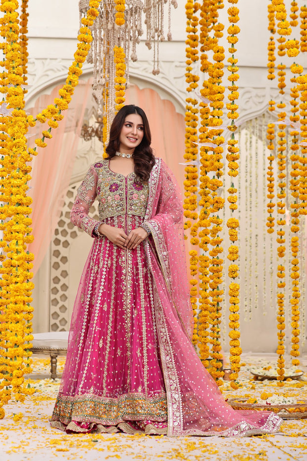 Mehndi Dress in Open Pishwas Frock and Lehenga Style